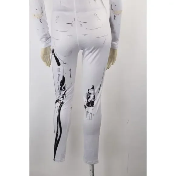 White Robotic Stretch Jumpsuit Tattoo Cyberpunk Longe Sleeve Bodysuit Size XS - Picture 14 of 14